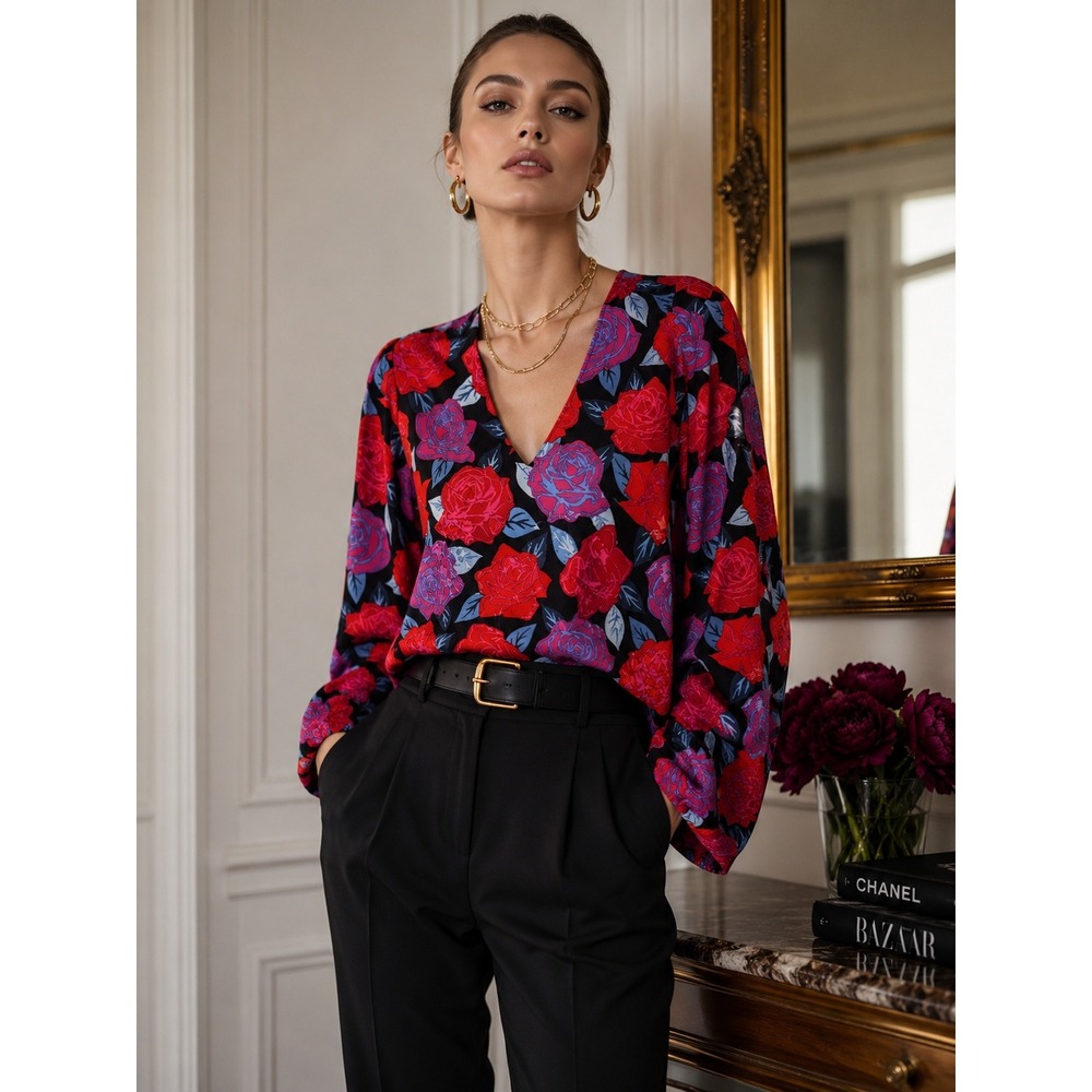 Cupcakes and Cashmere Womens Red Blue Rose Floral V-Neck Satin Blouse Small